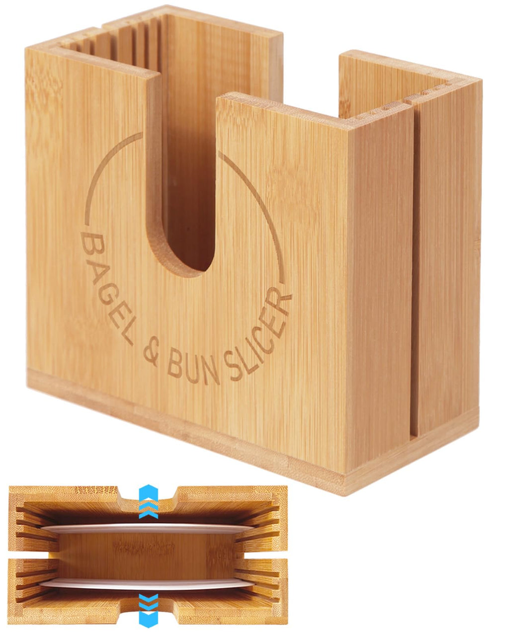 Large Adjustable Bagel Slicer Holder | Acacia Wood Bagel Cutting Holder with Width-Adjustable Slots for Small & Large Bagels, Buns & English Muffins, Knife Groove & Non-Slip Base