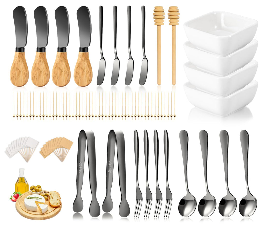 Charcuterie Board Accessories With 3 Oz Ceramic Dip Bowls, Wooden Handle Gold Cheese Spreader Butter Knive Set Kit, Mini Tongs, Spoons, Forks,Honey Dipper, Cocktail Picks