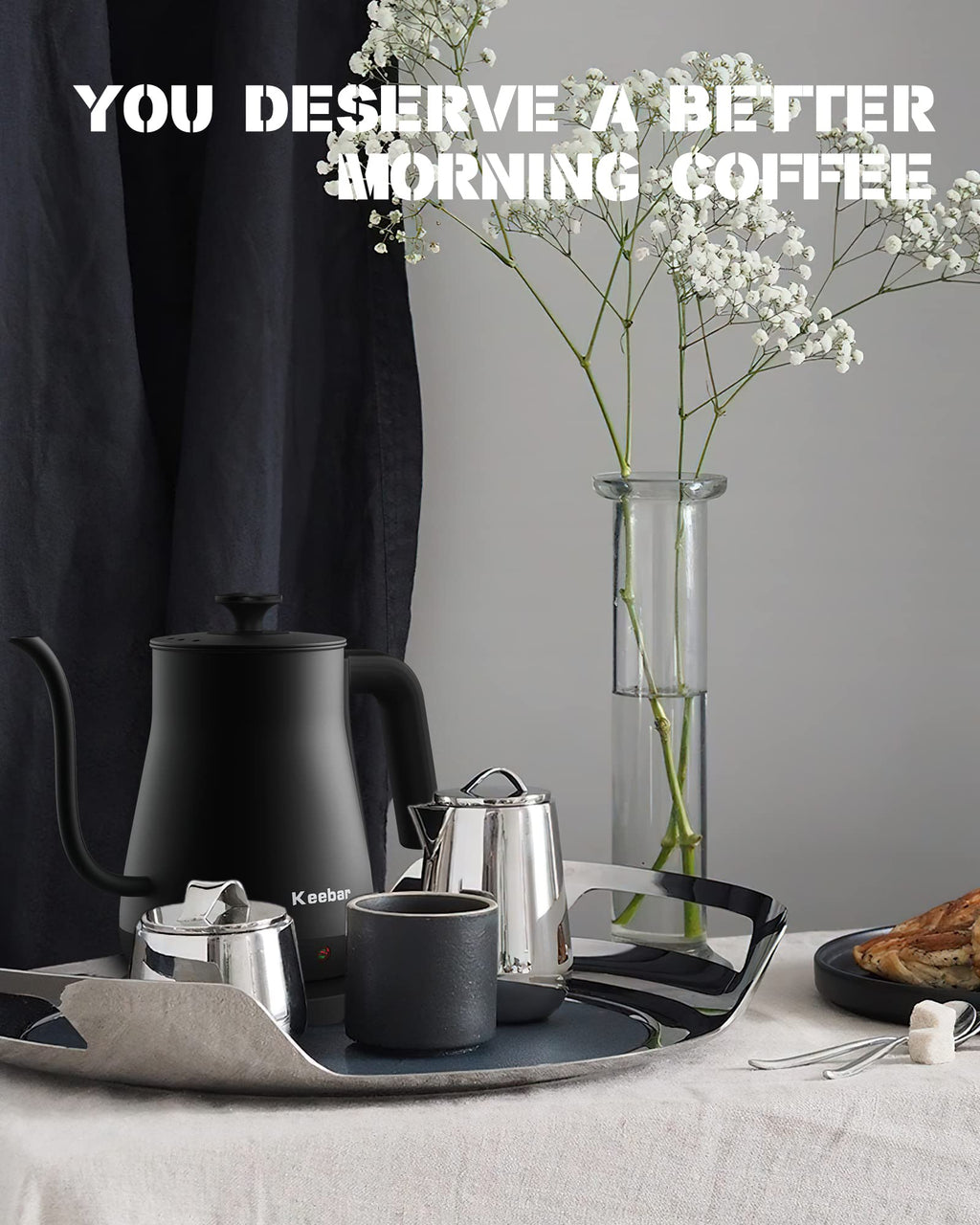 Keebar Electric Kettle, Gooseneck Kettle with Auto Shut Off, 0.8L Small Eletric Tea Kettle, Precise Spout Designed for Coffee Tea, 1000W Quick Heat Up, Stainless Steel, Matte Black