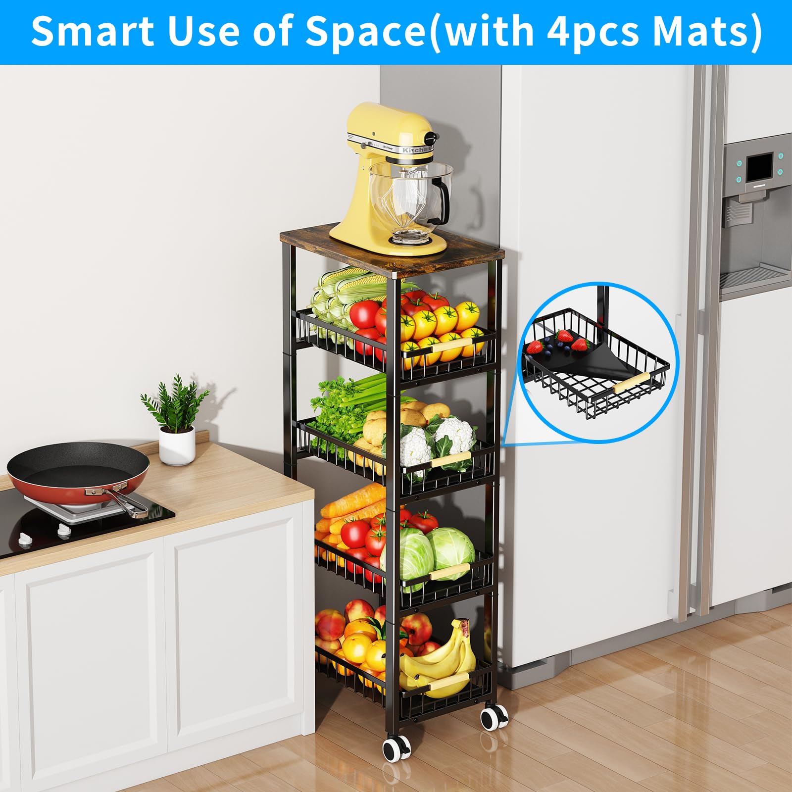 Fruit Vegetable Storage Basket for Kitchen, 5 Tier Large Pull-Out Metal Wire Baskets with 4 Pack Mats Bottom, Wood Top and Wheels, Vegetable Produce Bins Stand Cart Rack for Onions and Potatoes