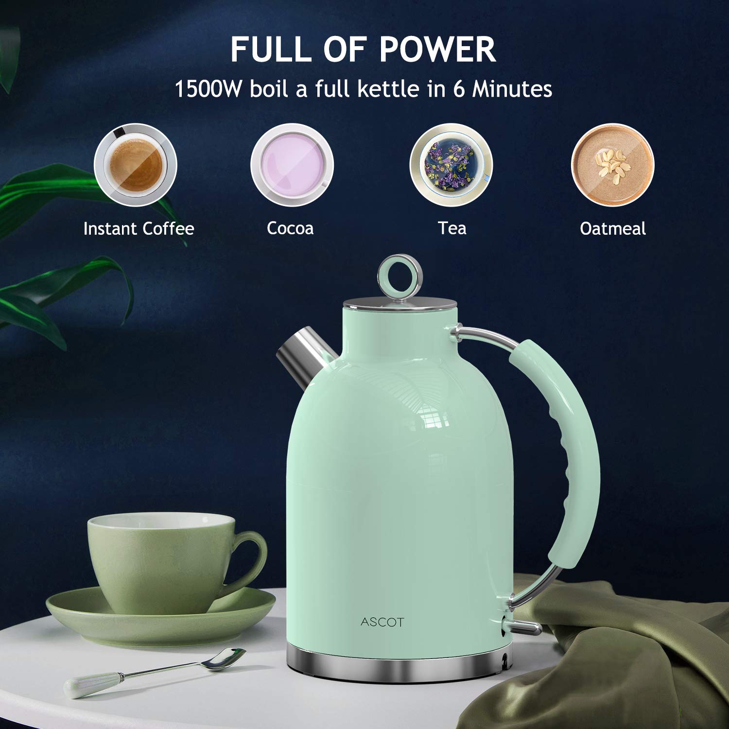 Electric Kettle, ASCOT Electric Tea Kettle, Stainless Steel Water Boiler, Fast Boiling, 1.5L, 1500W, BPA-Free, Cordless, Automatic Shutoff, Boil-Dry Protection, Green