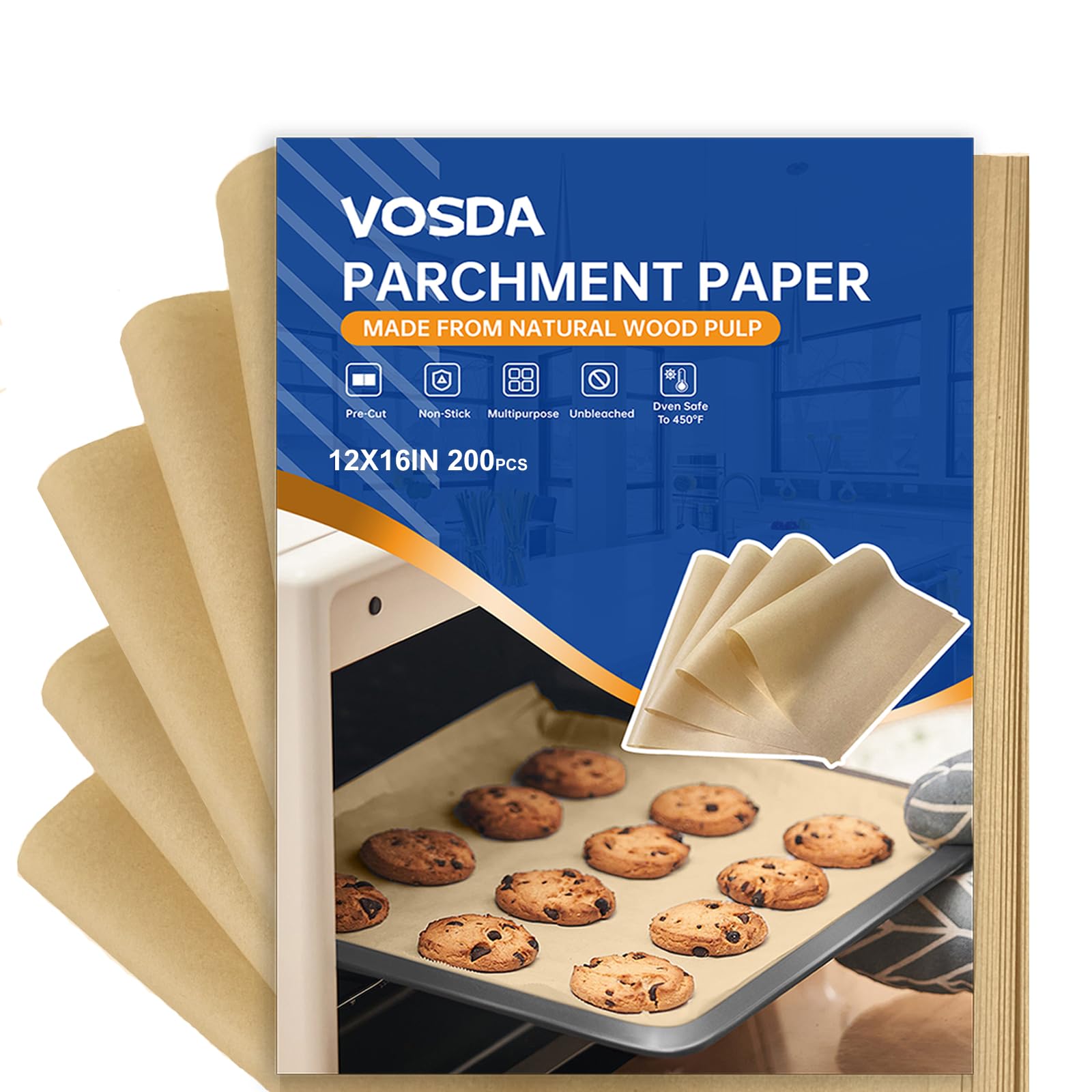 Vosda Parchment Paper Sheets for Baking 12-16 IN Precut Non-Stick Parchment Paper Unbleached Baking Sheet Paper for Air Fryer,Baking,Grilling,Steaming,Oven Suitable For Bread Cake Cookies 200p