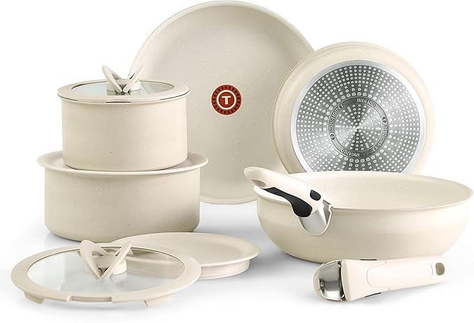 T-fal Ingenio Essentials Cookware Set with Detachable/Removable Handle 11 Piece, Granite Titanium Non Stick, Oven Broiler Safe 500F, Stackable, Pots and Pans Set, RV Camping