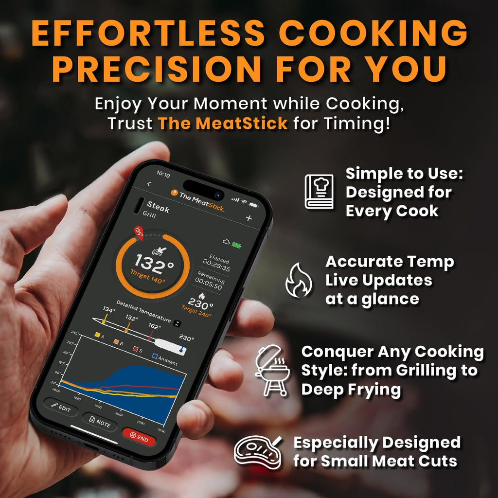 MeatStick Chef Bluetooth Wireless Meat Thermometer, 4-Sensor Slim Probe