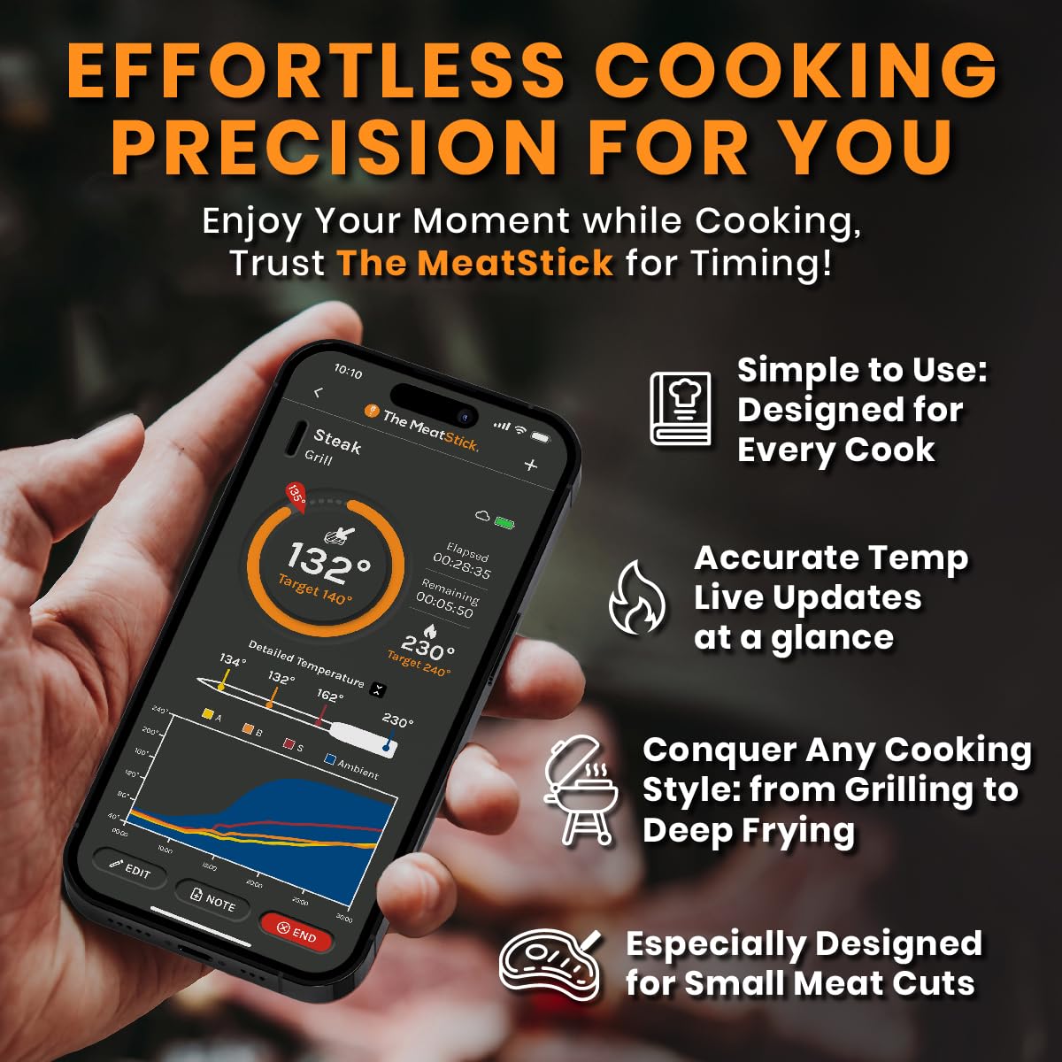 MeatStick Chef Bluetooth Wireless Meat Thermometer, 4-Sensor Slim Probe