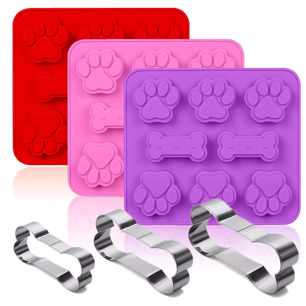 SAGOOITS 2 Pack Puppy Dog Paw and Bone Shaped 2 in 1 Silicone Molds, Reusable Non-Stick Ice Cube Trays & Candy Chocolate Molds for Homemade Dog Treats, Pudding & Baking Biscuit(Red Purple)