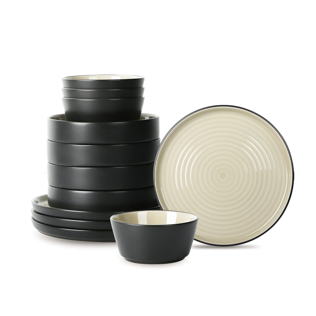 Stone Lain Elica 12-Piece Modern Dinnerware Set Stoneware, Plates and Bowl Sets for 4, Navy and White