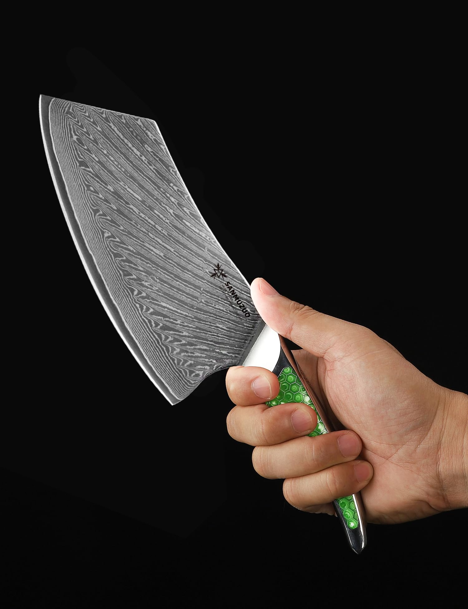 SANMUZUO 7 inch Nakiri Knife, Japanese VG-10 Damascus Steel Meat Cleaver, Ultra Sharp Vegetable Knife with Full-tang Handle in Green Resin, LA-S9 Series