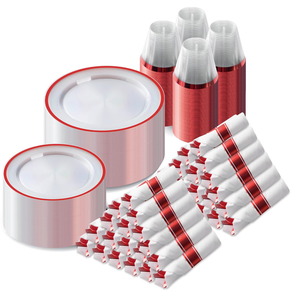Goodluck 175 Pcs Clear Red Plastic Dinnerware Sets for Party for 25 Guests