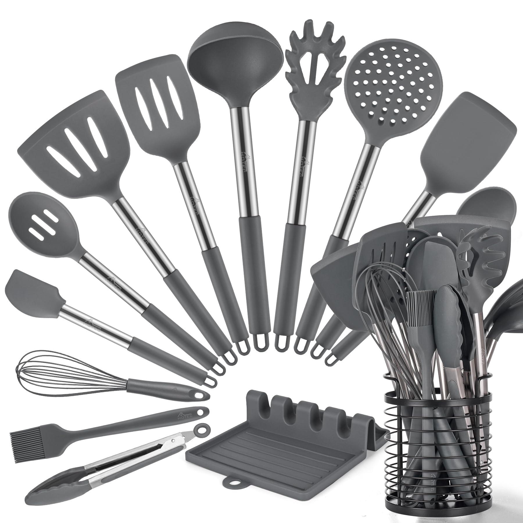 HOTEC 446°F Heat Resistant Silicone Kitchen Utensils, Cooking Utensil Set, Spatula Set, BPA Free, Kitchen Gadgets, with Stainless Steel Utensils Holder, Dishwasher Safe, 14pcs Grey