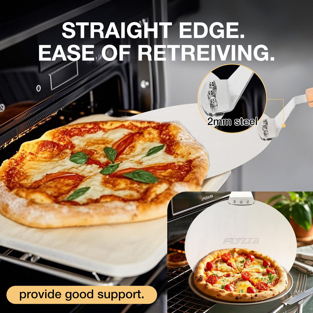 FLYZZA 12 Inch Stainless Pizza Peel, Pizza Spatula with Ergonomic Long Wood Handle for Pizza Oven Baking, Turing Peel for Pizza, Dough, Bread Pastry