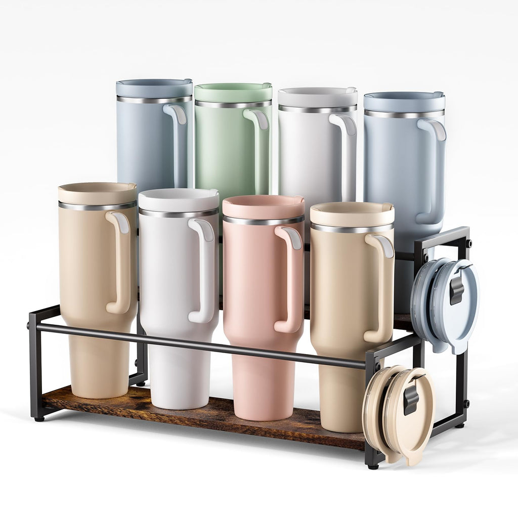 2-Tier Stanley Cup Holder for 8 Tumblers, Lid Organizer, Natural Wood