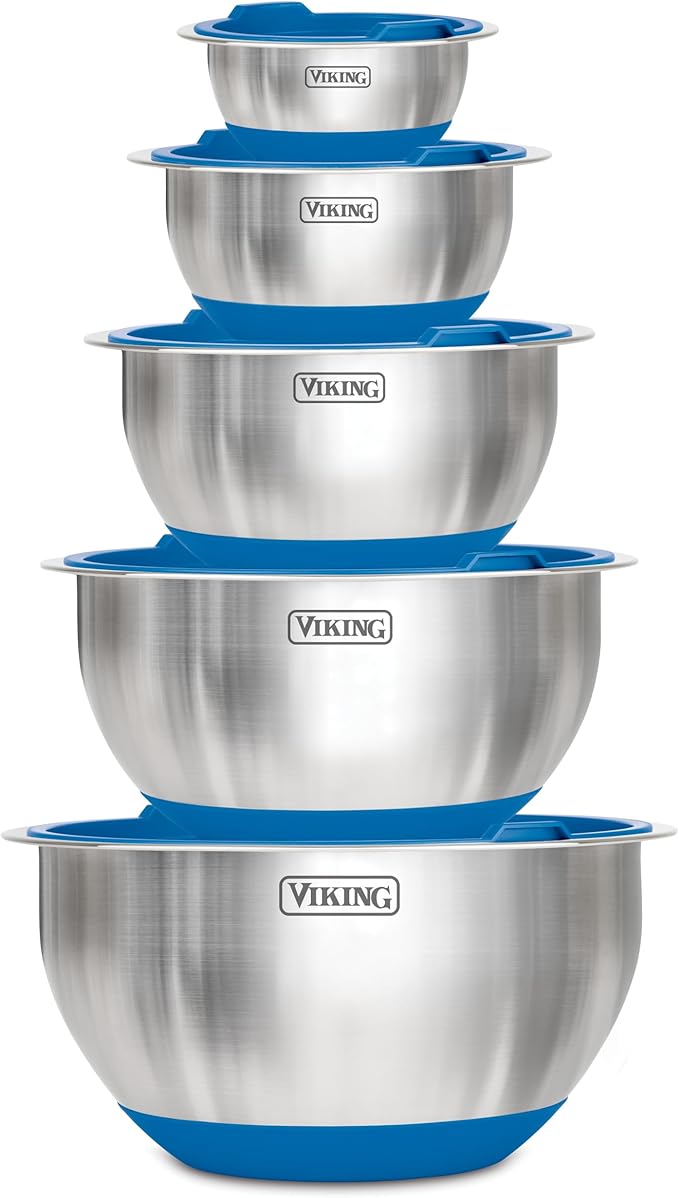 Viking Mixing Bowls Set, 10 Piece Stainless Steel Kitchen Cookware, Non-Slip Silicone Base, Includes Tight Fit Lids, Dishwasher Safe
