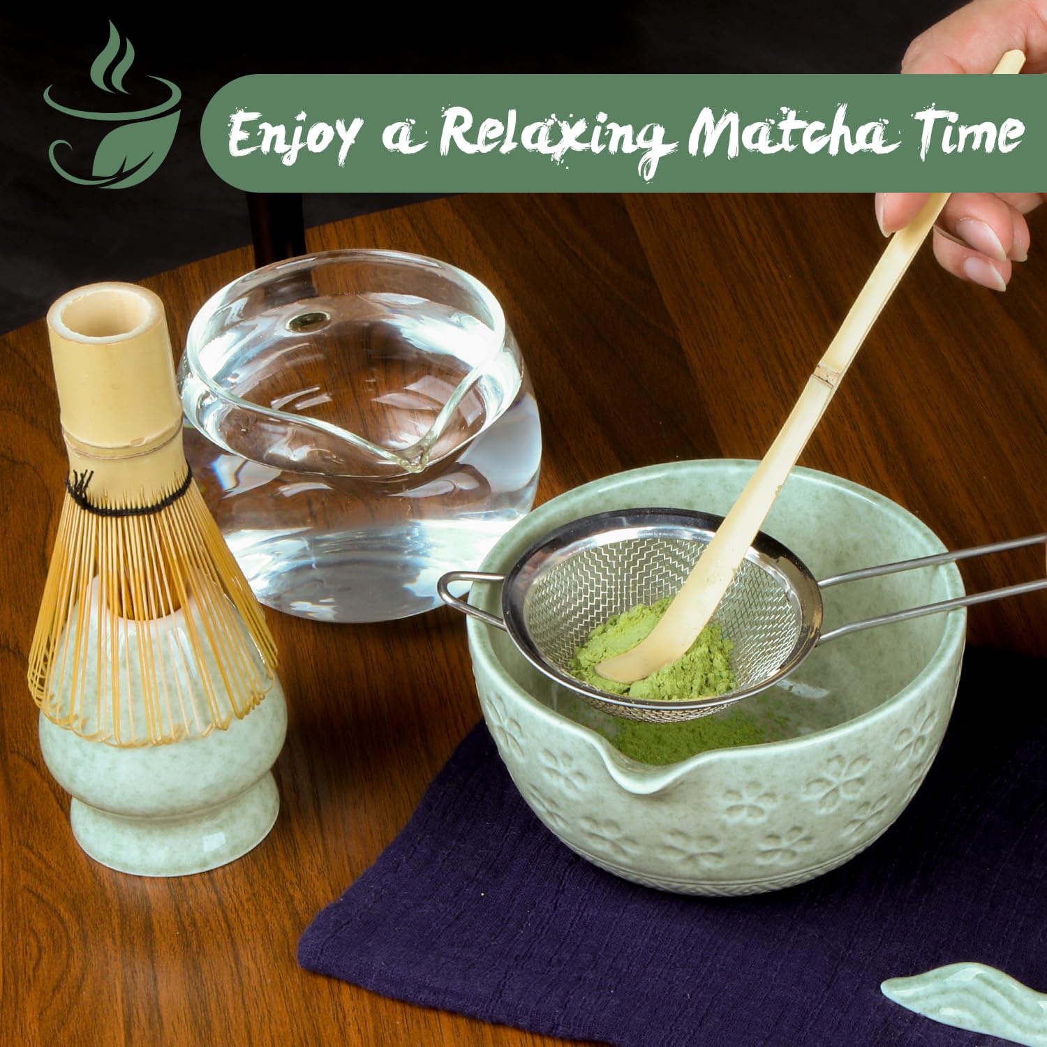 Matcha Whisk Set, 8Pcs Matcha Set Kit include Matcha Bowl, Matcha Whisk and Holder, Bamboo Scoop, Scoop Rest, Sifter and Tea Towel, Matcha Whisk and Bowl Set for Matcha Lovers and Beginers