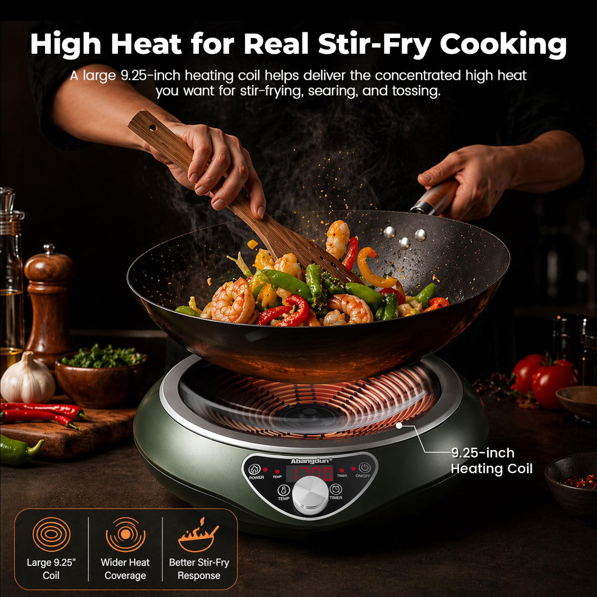 ABangDun 1700W Concave Induction Wok Burner, 120V Electric Wok Cooker