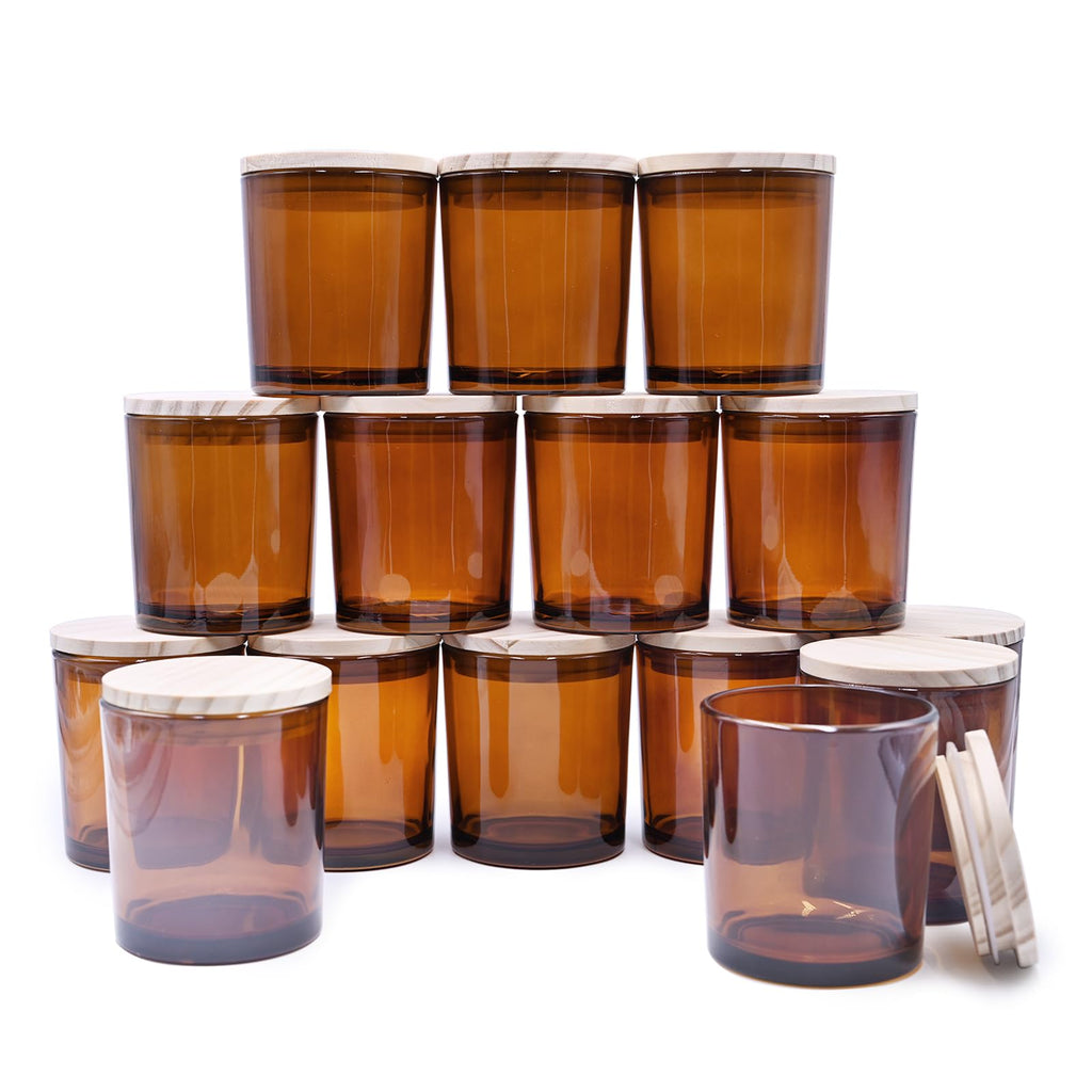 SHOWIN 10 OZ Thick Candle Jars for Making Candles 15 Pcs, Empty Jars with Wood Lids for Candle Making, Sample Container, Frosted Grey
