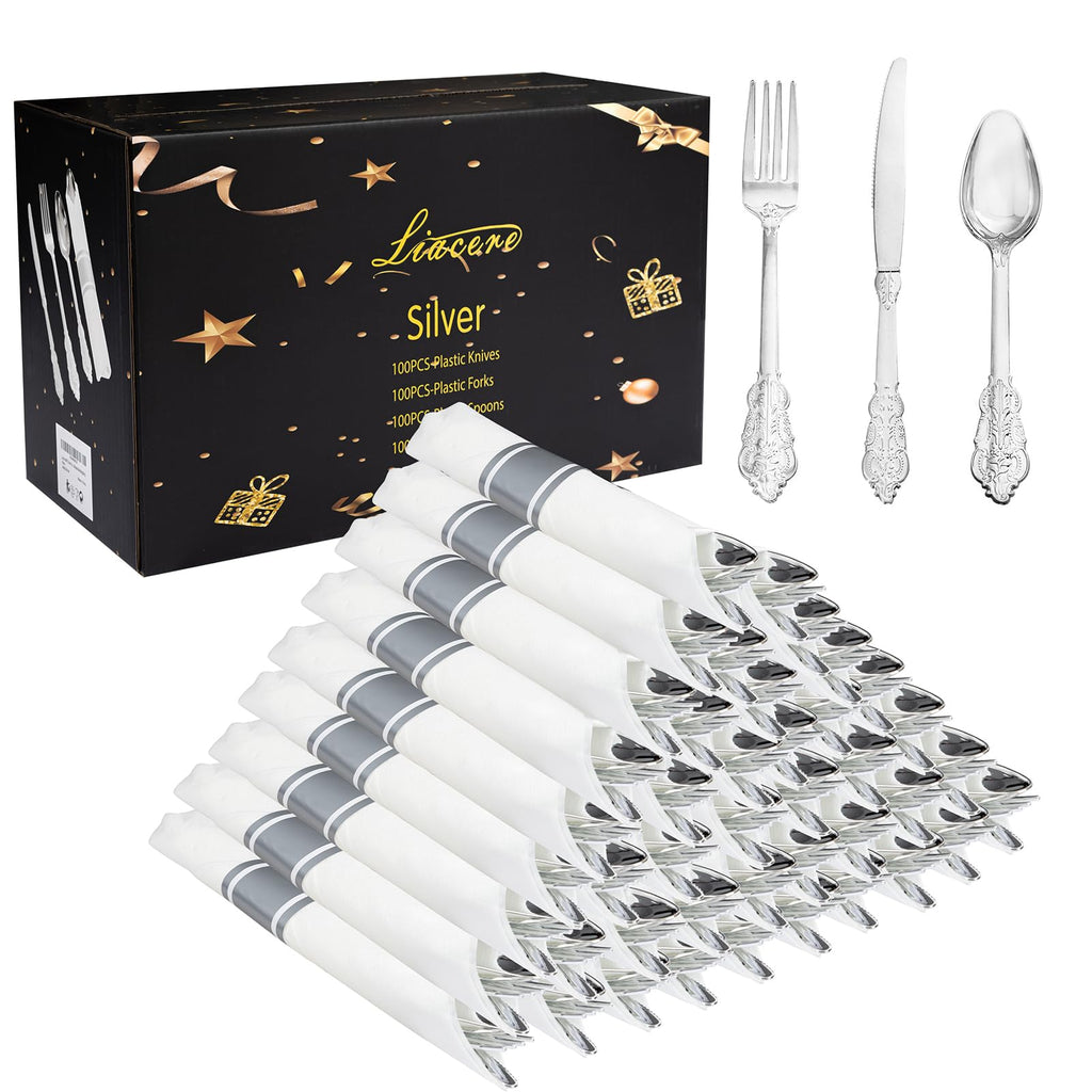 Liacere 400PCS Silver Plastic Silverware - Pre Rolled Napkins Disposable Silver Cutlery-Premium Quality Gold Plastic Utensils - Includes 100Forks,100Knives,100Spoons,100Napkins For Wedding & Party