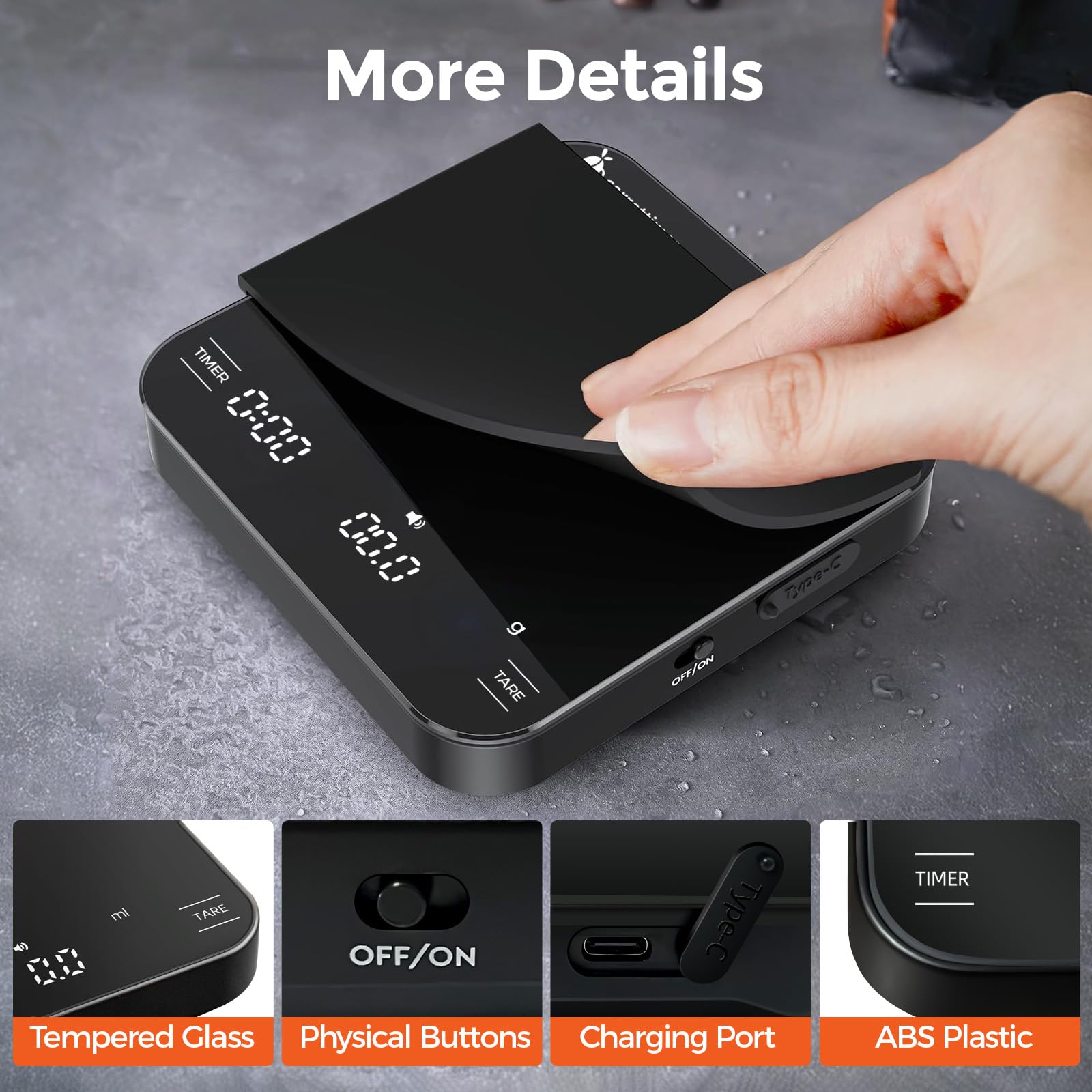 carrottimes Rechargeable Mini Coffee Scale with Timer, 2kg/0.1g Precision Espresso Scale, Portable Digital Coffee Scale w/ 4 Modes for Espresso and Pour-Over Coffee (Black)