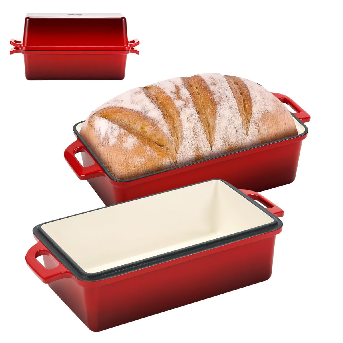 Northriver Casting Enameled Cast Iron Loaf Pan with Lid, Best Bread Oven, Bread Loaf Pans for Baking Homemade Sourdough Bread 9x5, 2 Piece set, Flame