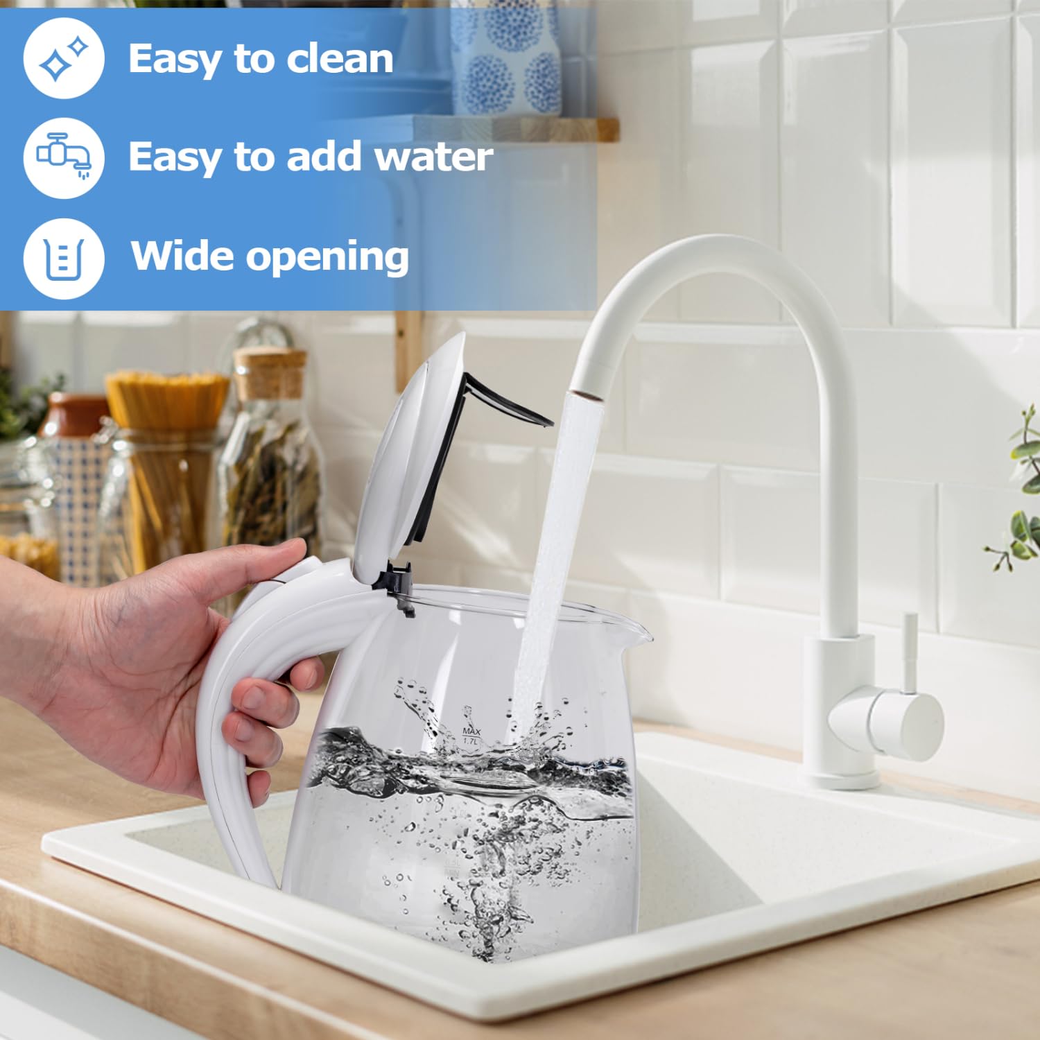Aigostar Electric Kettle, 1500W Glass Electric Tea Kettle Rapid Heating, Borosilicate Glass, Auto Shutoff and Boil-Dry Protection, Hot Water Boiler BPA Free and Cordless with LED Indicator, 1.7 Liter