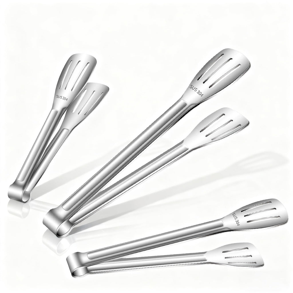 Stainless Steel Kitchen Tong Set - Anti-Slip Heat-Resistant Grip, Widened 3-Line Slotted Heads for Easy Clamping (Steaks, BBQ, Pasta, Salads), Easy Clean for Versatile Use Set of 3-9", Silver