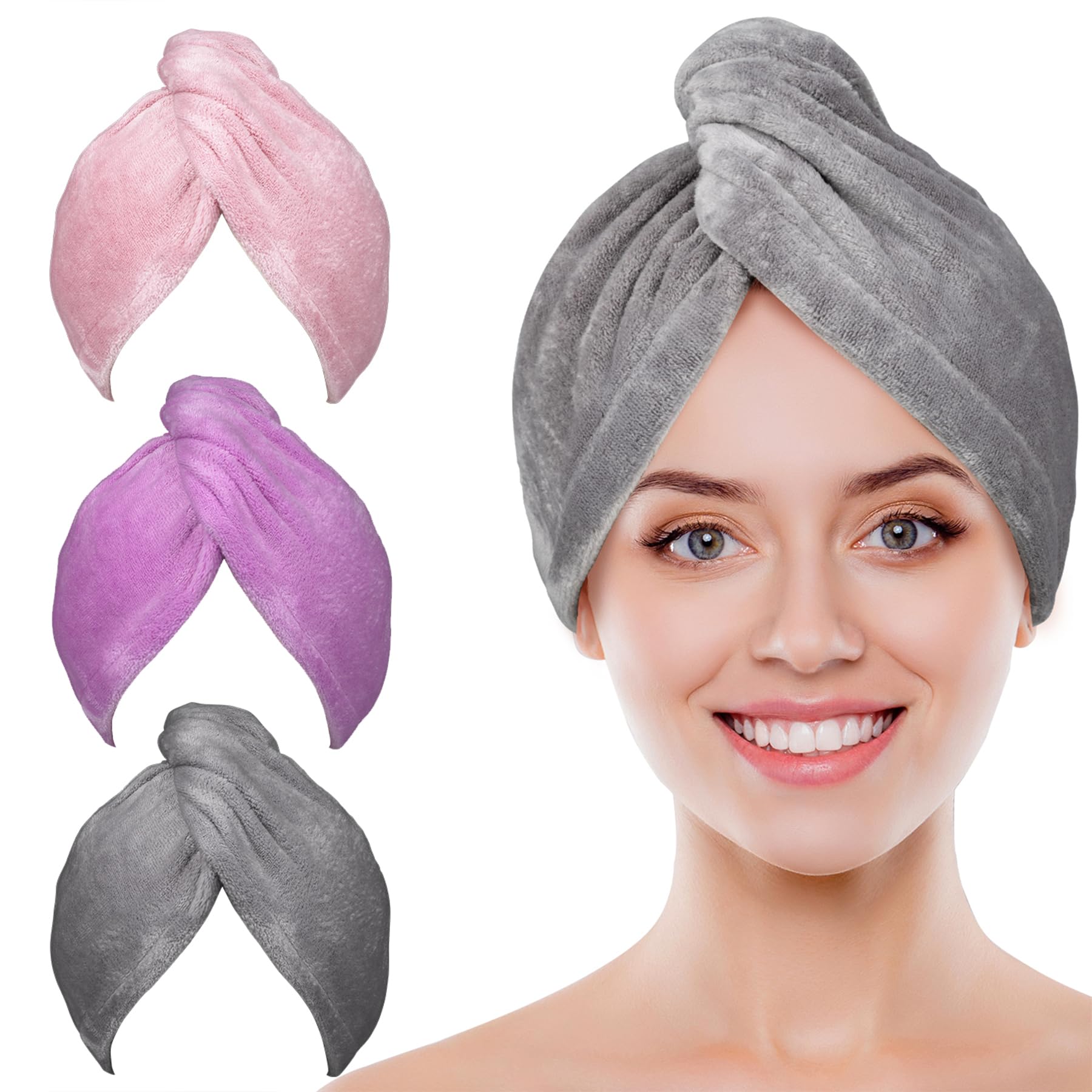POPCHOSE Microfiber Hair Towel Wrap, 3 Pack Fast Drying Hair Turban