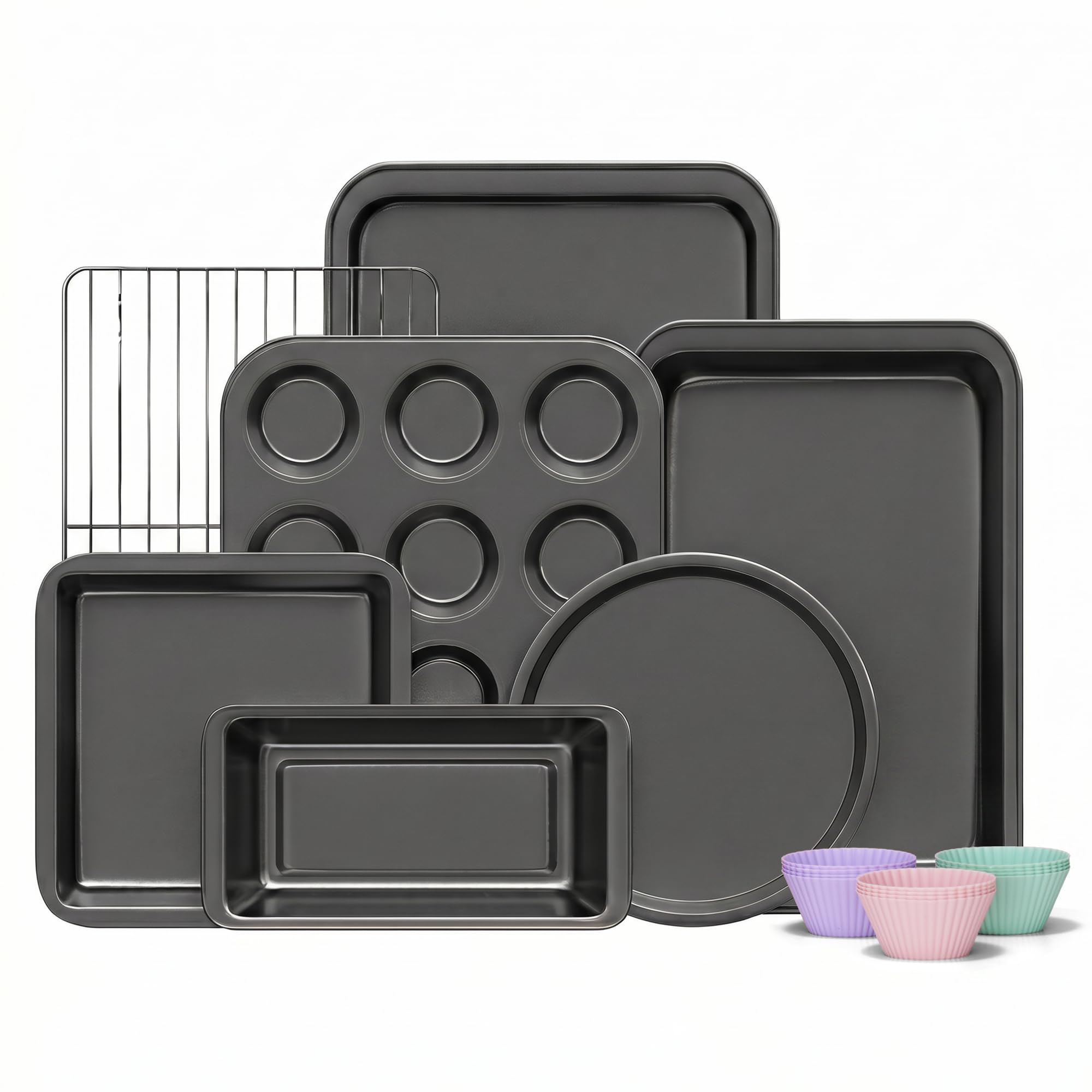 KITESSENSU Compact Baking Pans Sets, Nonstick Bakeware Sets 19-Piece with Round/Square Cake Pan, Loaf Pan, Muffin Pan, Cookie Sheet, Roast Pan, Cooling Rack, Carbon Steel Bake Set
