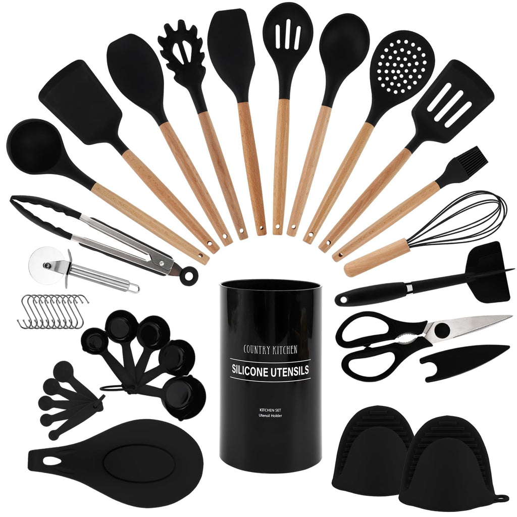 Country Kitchen Non Stick Silicone Utensil Set with Rounded Wood Handles for Cooking and Baking, 6 Piece Set, Black