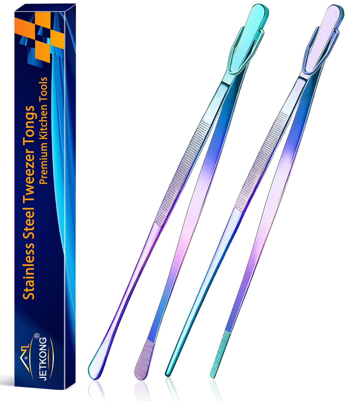 JETKONG 2 Pcs 12-Inch Cooking Tweezer Tongs Stainless Steel Kitchen Tweezers Plating Tongs (Navy Blue)
