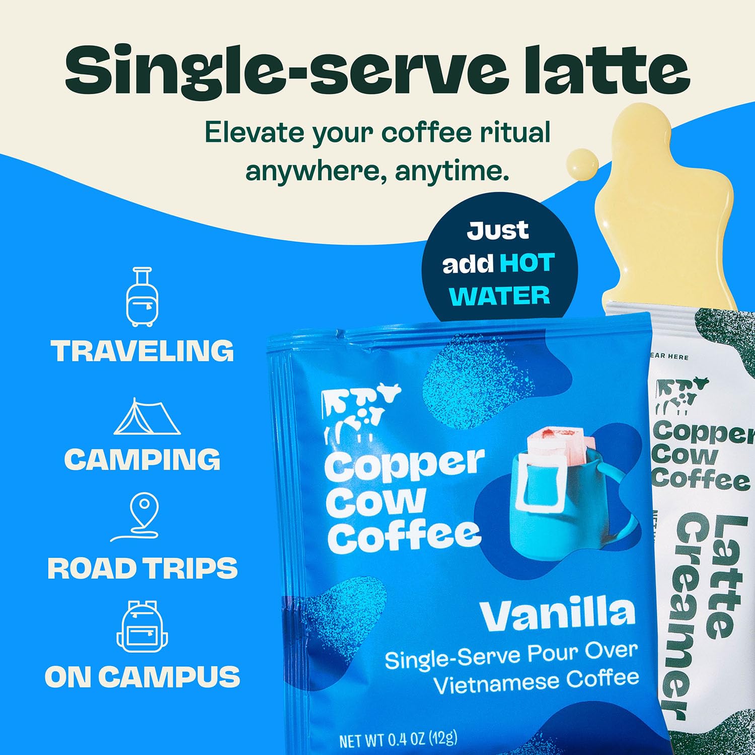 Copper Cow Vietnamese Coffee Variety Pack (15 Coffees & 15 Creamers)| Classic, Vanilla, & Salted Caramel Latte | Pour Over Single-Serve Lattes, No Refrigeration Needed, Travel Friendly Ground Coffee