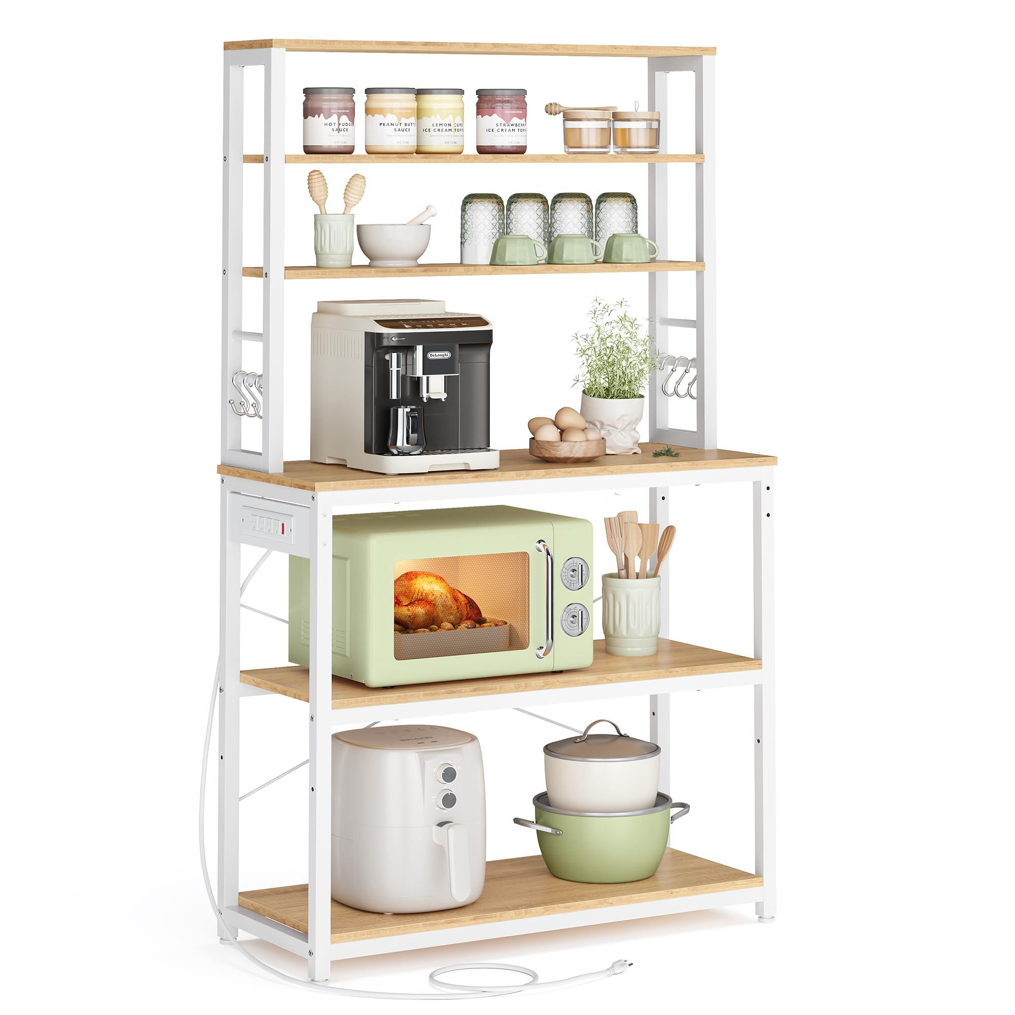 VASAGLE Bakers Rack with Power Outlet, 31.5 Inches Coffee Bar for Kitchen with Storage, 6-Tier Kitchen Shelves with 6 Hooks, Microwave Stand, Modern, Golden Oak and Cloud White UKKS119Y01