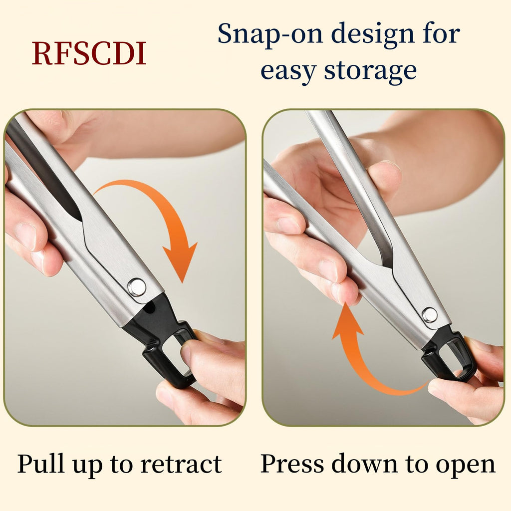 RFSCDI Heat-Resistant Kitchen Tongs and Basting Brush Set - 600℉ Stainless Steel Cooking Tongs with Metal Locking Mechanism - Ideal for Cooking, Grilling Steak, Baking Bread, and BBQ,(Silver 2Pcs)