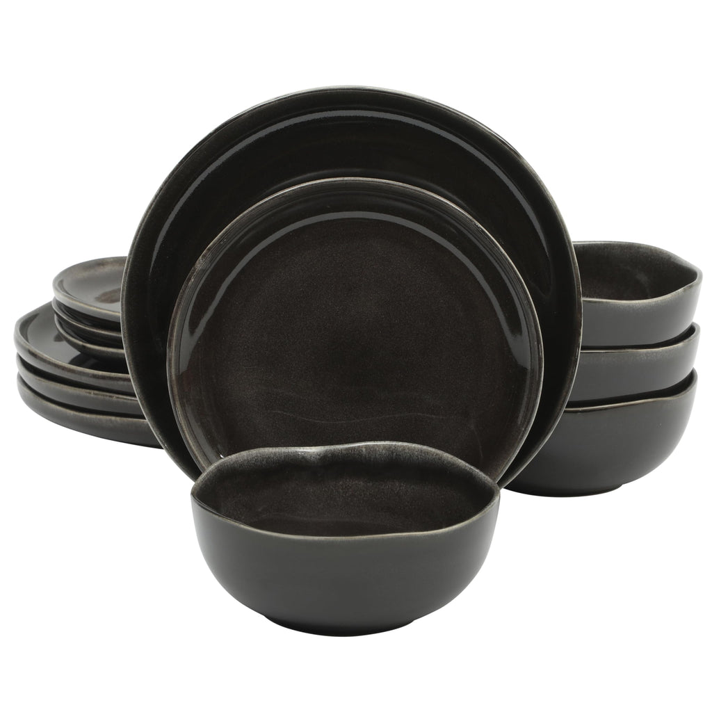 Gibson Elite Tahoe Sunset 12 Piece Stoneware Reactive Glaze (Service for 4) Ceramic Plates and Bowls Dinnerware Set - Black