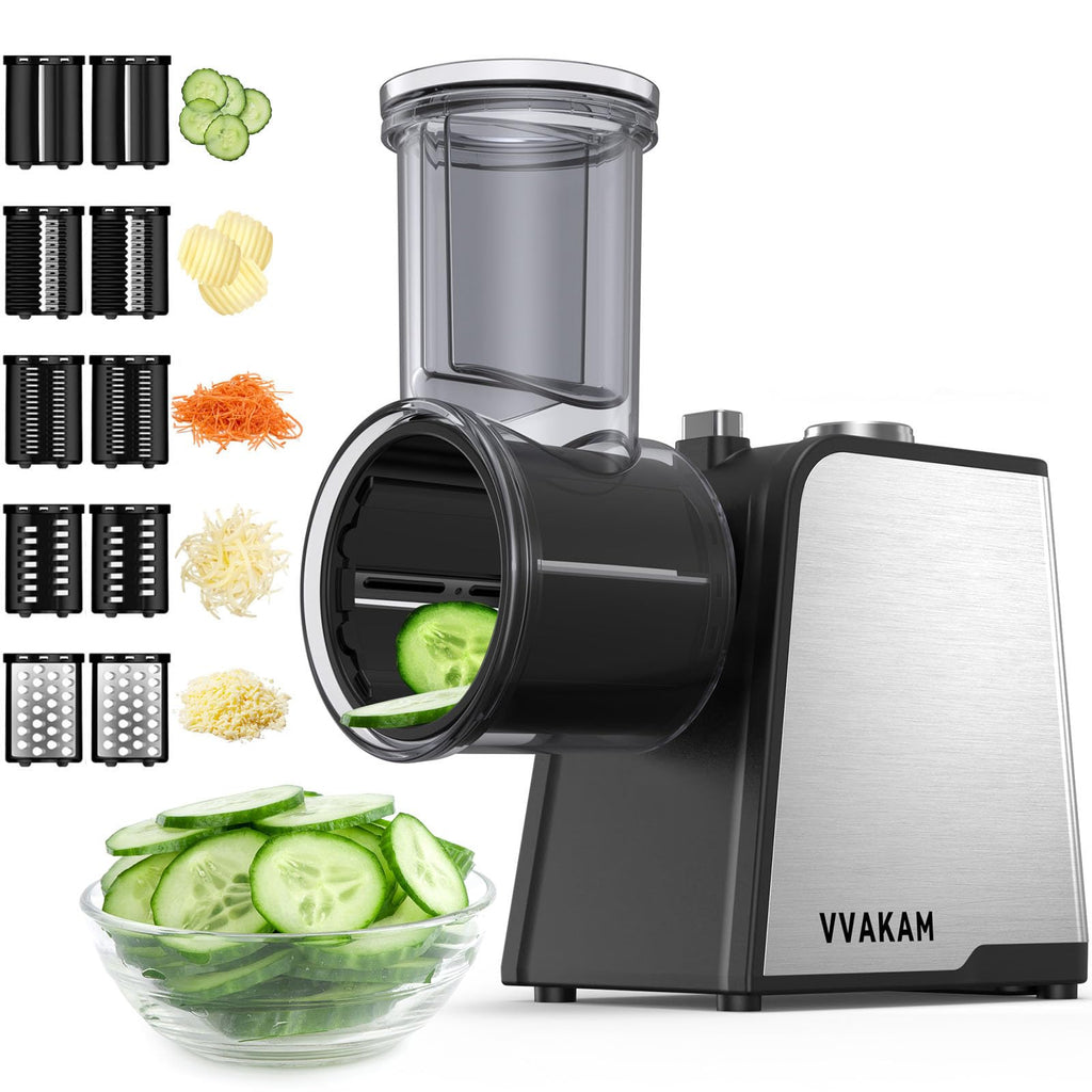 VVAKAM Electric Cheese Grater,300W DC Motor Salad Maker,Electric Slicer Shredder with 5 Different Shapes of Blades,Electric Vegetable Cutter for Potato,Carrot,Black