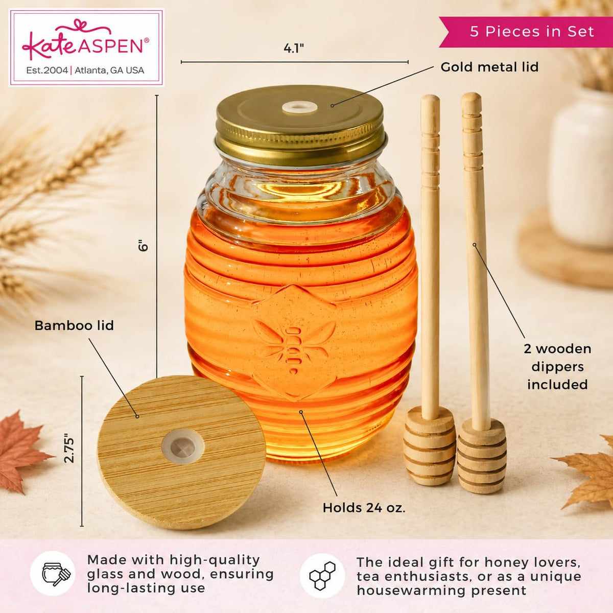 Kate Aspen 24oz. Bee Hive Shaped Honey Glass Mason Jar with Two Wooden Honey Dippers, Bamboo & Metal Lid, Kitchen Decor, Bumblebee Baby Shower Prize, Take Home Gift, Bee Decorations