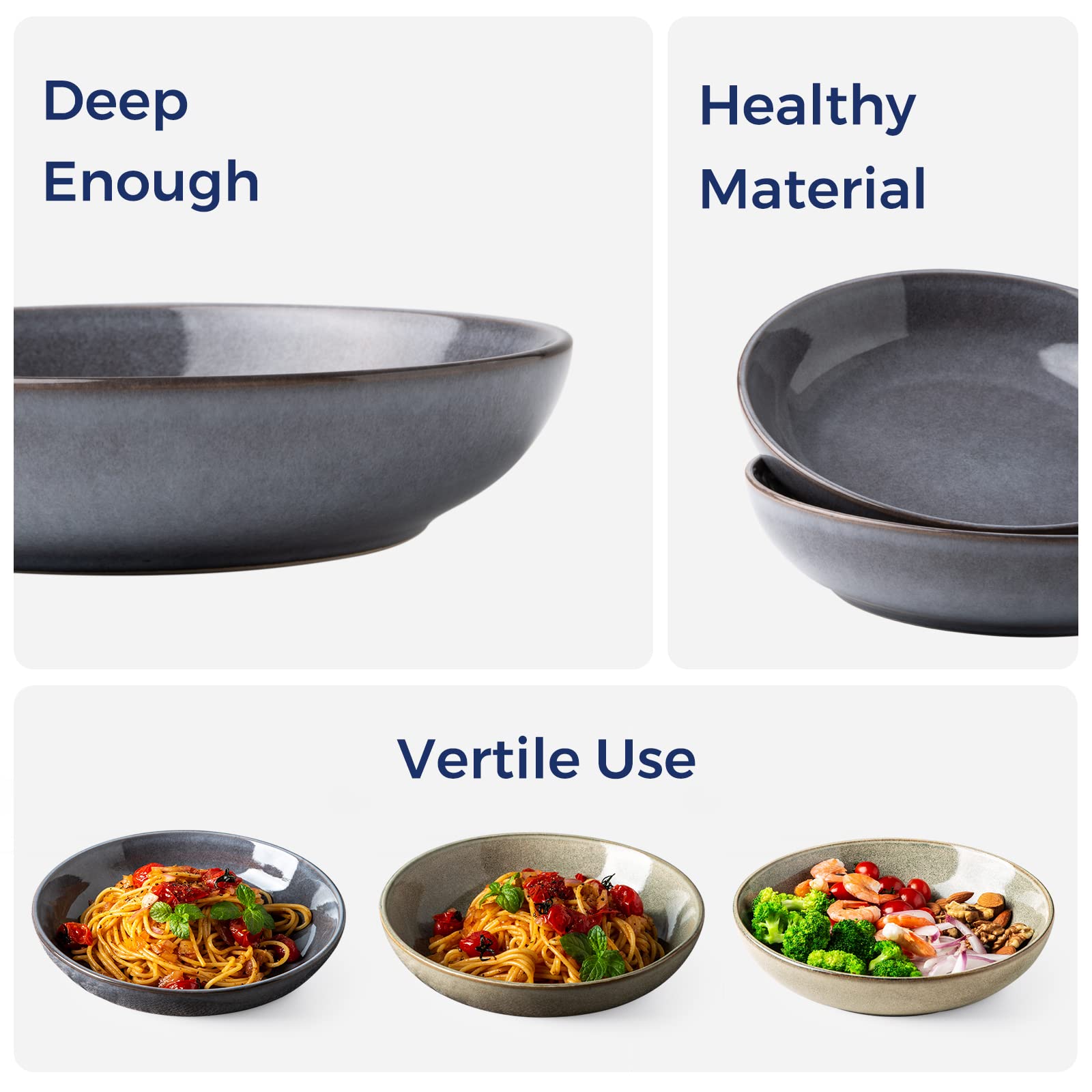 AmorArc 8.5'' Large Pasta Bowls, 36oz Stoneware Pasta Serving Bowls Set of 4 for Kitchen, Wide Bowls for Pasta,Salad,Fruit,Oatmeal, Microwave Safe, Reactive Glaze-Gray