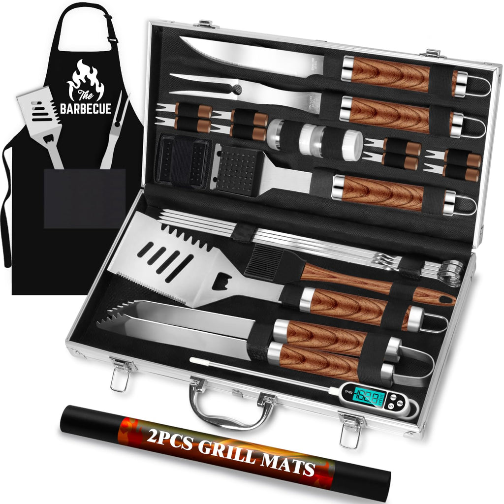 ROMANTICIST 26pcs Grilling Gifts for Men, Dad Gifts for Father's Day, Stainless Steel BBQ Grill Accessories Tools Set, Heavy Duty BBQ Utensils Kit with Apron, Thermometer, Mats in Aluminum Case Silver
