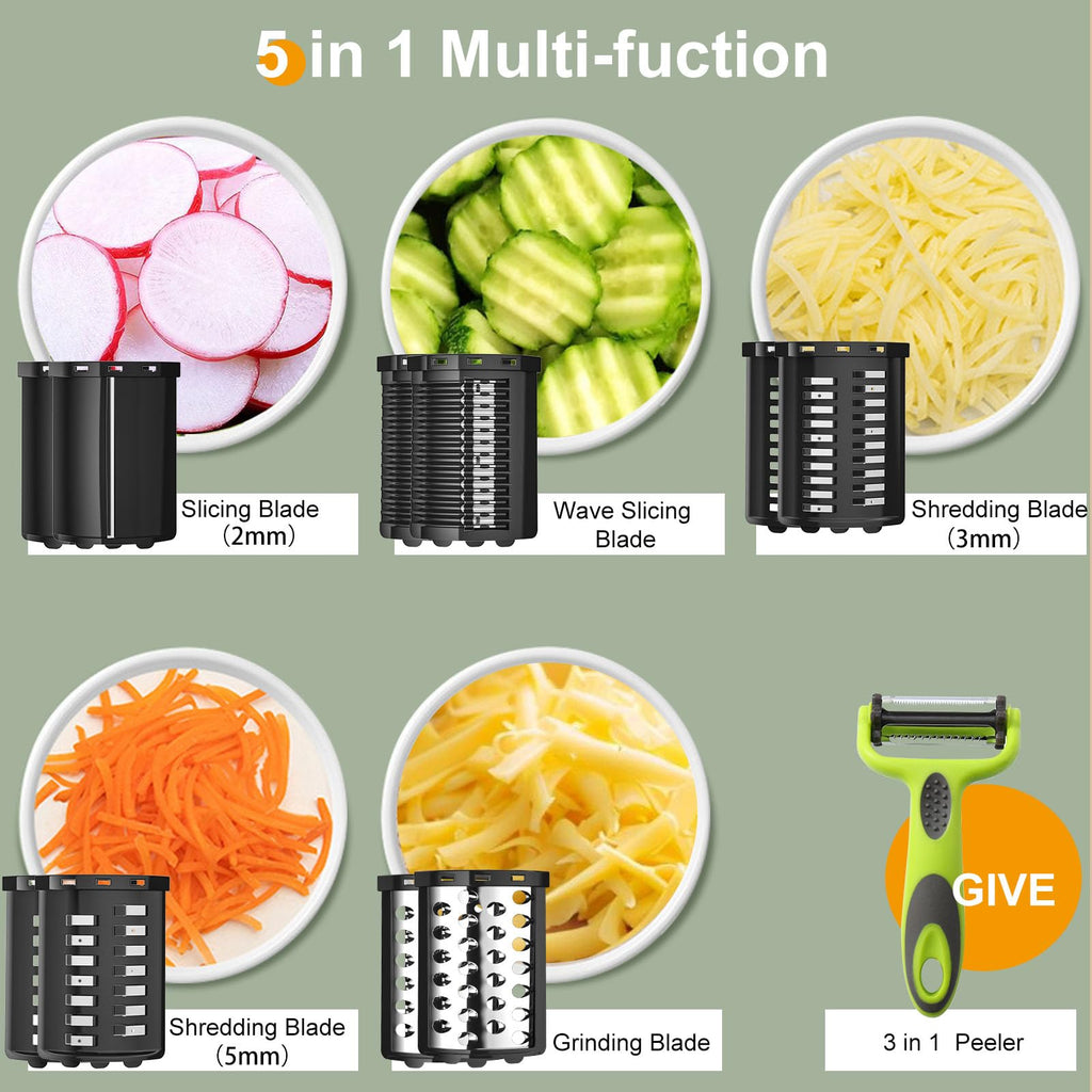 FYONIO Electric Cheese Grater, 5 in 1 Salad Maker with Stainless Steel Blades, 250W Electric Food Slicer & Shredder, Electric Salad Machine for Cheeses, Fruits, Potatoes, Carrots