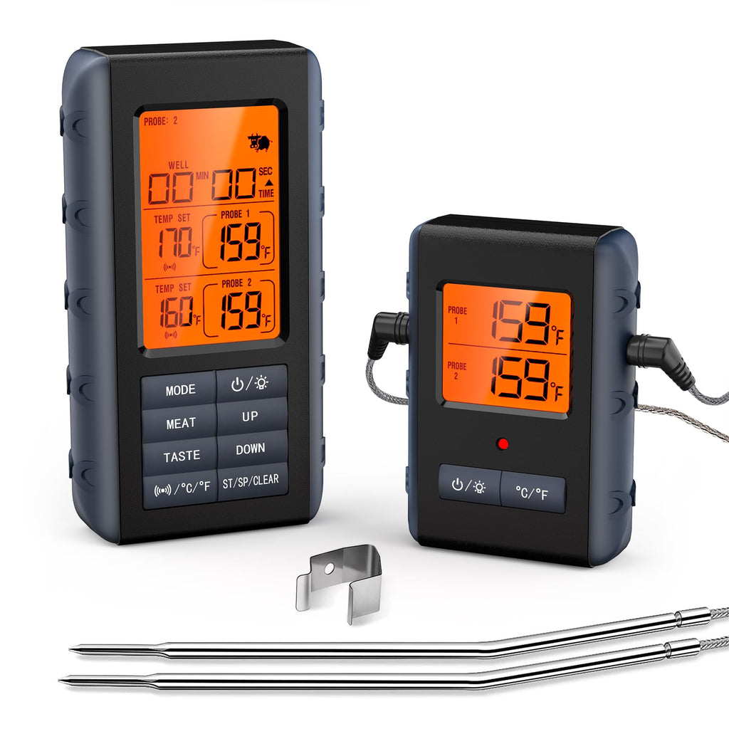 Wireless Meat Thermometer for Grilling and Smoking, Food Thermometer for BBQ Smoker Oven Cooking Steak, Grill Thermometer for Outside Grill with 4 Meat Probes, Kitchen Timer