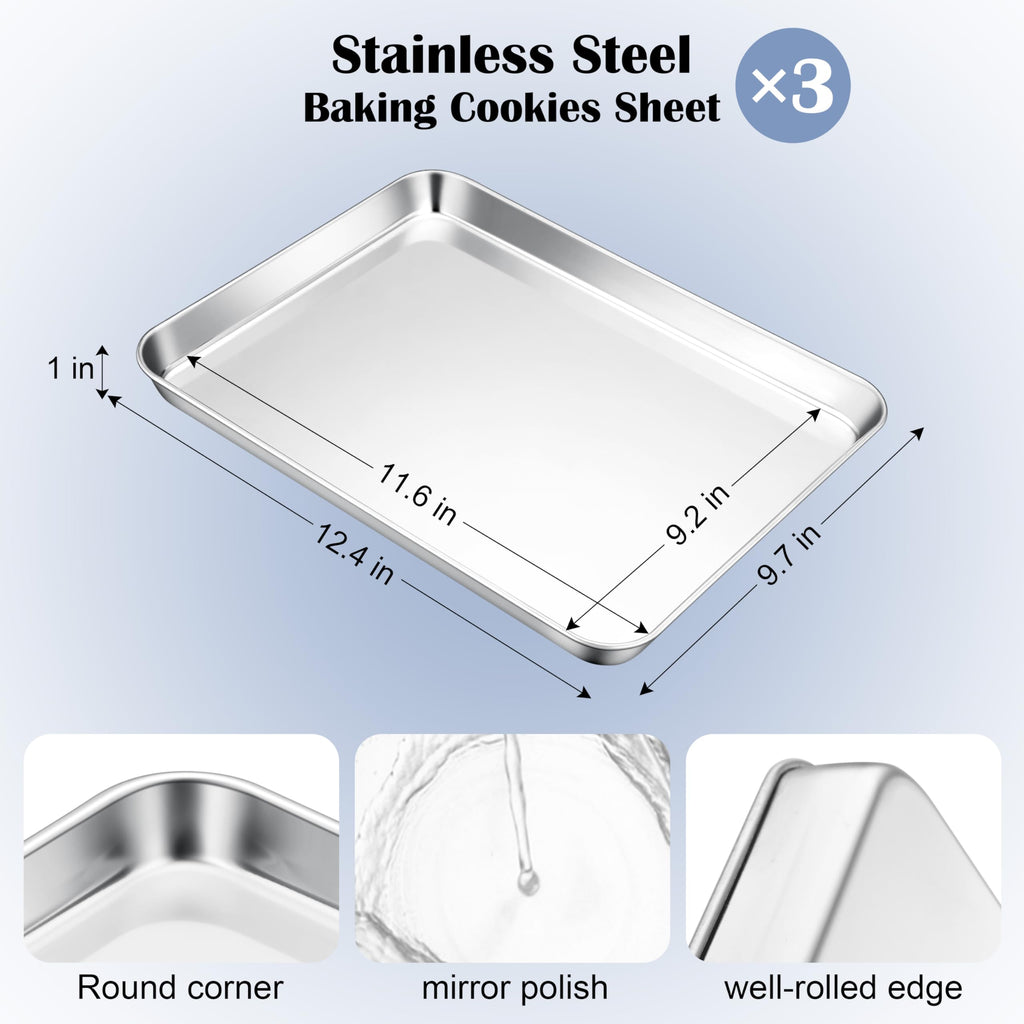 E-far Stainless Steel Baking Sheets Set of 3, 12.4” x9.7” Baking Cookie Sheets Pans for Oven, Non-toxic Metal Trays for Cake Cookies, Healthy & Rust Free, Mirror Finish & Dishwasher Safe