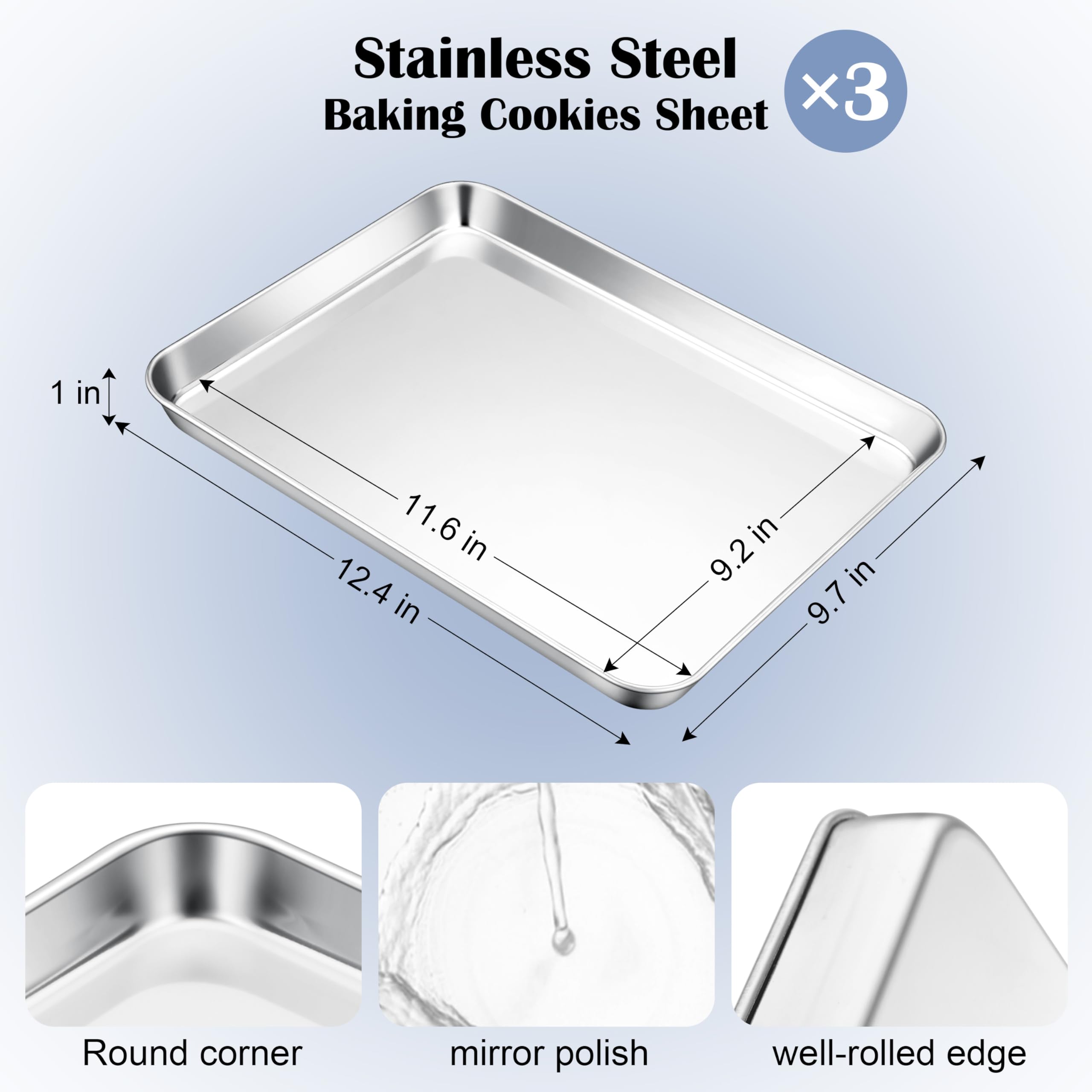 E-far Stainless Steel Baking Sheets Set of 3, 12.4” x9.7” Baking Cookie Sheets Pans for Oven, Non-toxic Metal Trays for Cake Cookies, Healthy & Rust Free, Mirror Finish & Dishwasher Safe