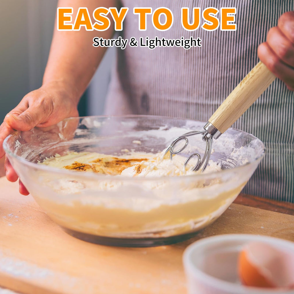 ALLTOP Danish Dough Whisk - Ultimate Dutch Mixer Hand Utensil with Stainless Steel Dough Hook - Essential Sourdough Stirring Stick for Perfect Bread Making Tool