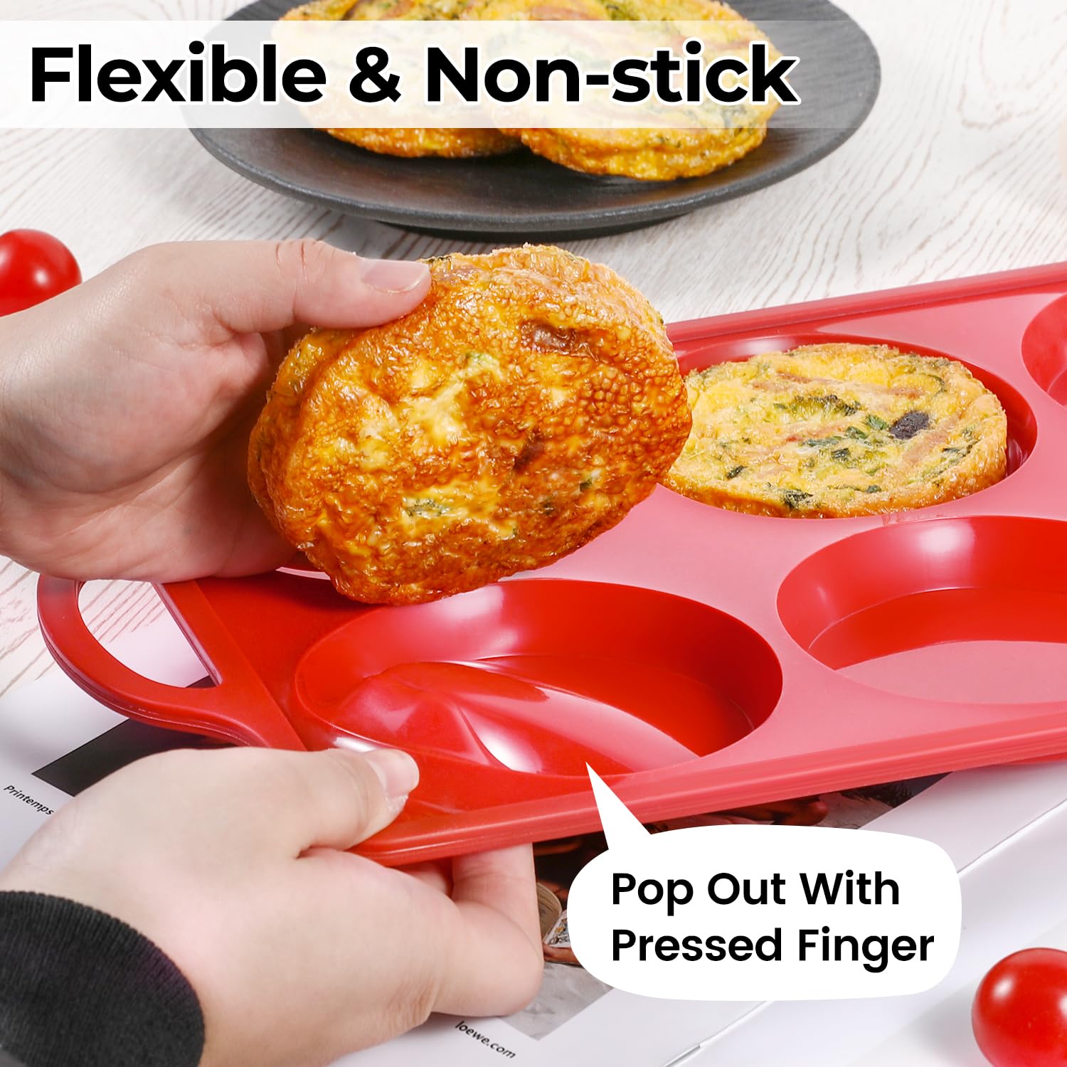 CAKETIME Muffin Top Pan Non Stick, 4 Inch Metal Frame Round Silicone Egg Baking Pan for Oven English Muffins, Whoopie Pies, Corn Bread, Egg Bites, Breakfast Sandwiches Tarts 3 Pack Red