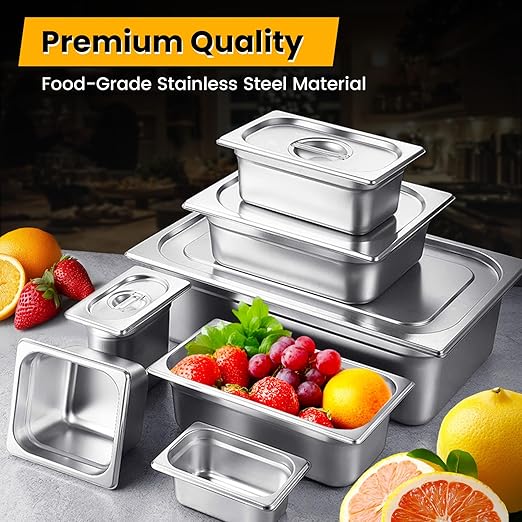 1/6 Hotel Pans 4 Inch Deep Stainless Steel Food Pan - Anti-Jam 6 Pack Steam Table Pan Set for Catering, Buffet Use, Kitchen Prep