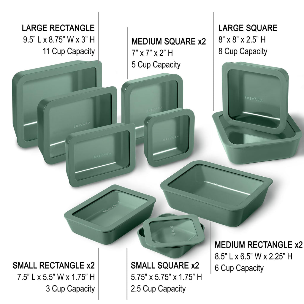BRIVARA HOME 20-Piece Glass Food Storage Containers Set with Lids (10 Containers + 10 Lids) | Microwave-Safe Airtight Seal, Oven-Safe Ceramic-Coated Glass | Zero Plastic, No PFAS/PFOA/BPA [Pine]