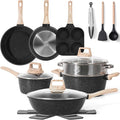 SODAY Pots and Pans Set Non Stick, 17Pcs Black Granite Induction Cookware