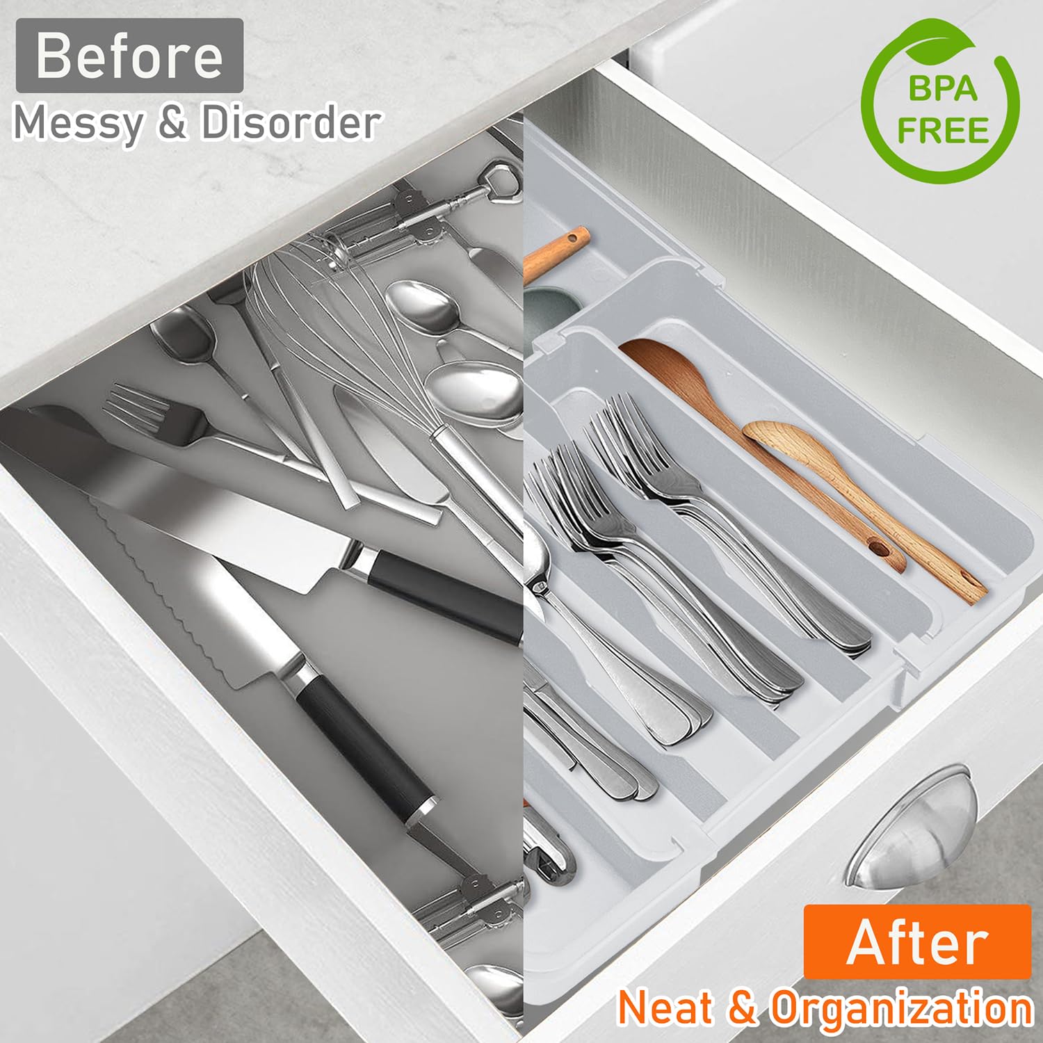 Spaclear Silverware Drawer Organizer Tray, Adjustable Cutlery Storage for Kitchen, Expandable Flatware and Utensil Holder Divider for Spoons Forks Knives Tableware, 15 x 19, 4-7 Slots, Gray