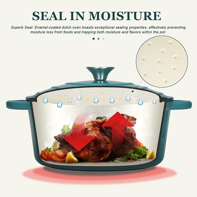 Overmont Enameled Cast Iron Dutch Oven - 7QT Pot with Lid Cookbook & Cotton Potholders - Heavy-Duty Cookware for Braising, Stews, Roasting, Bread Baking bottle green