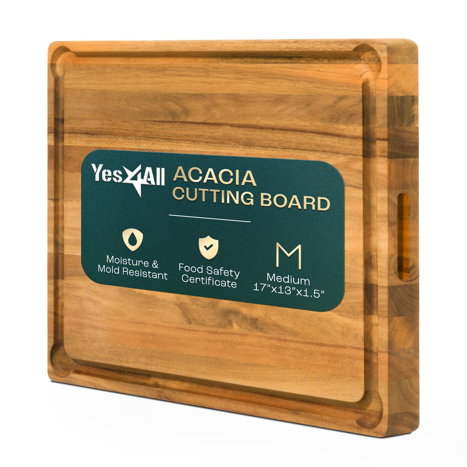 Yes4All Durable Acacia Cutting Boards for Kitchen, [17''Lx13''Wx1.5” Thick] Medium Edge Grain Cutting Board, Pre Oiled Wood Cutting Boards, Thick Chopping Board w/Juice Grooves and Easy Grip Handle