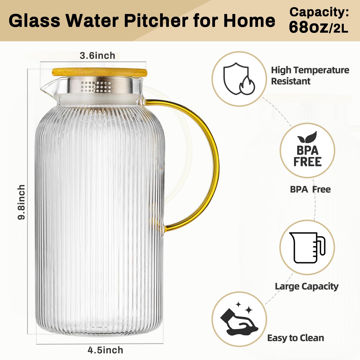 Buaic Glass Pitcher with Lid, 2 PACK 68 oz/2 Liter Vertical Water Pitcher With Serving Tray, Clear Borosilicate Glass Water Carafe for Cold Brew, Coffee, Lemonade, Iced Sun Tea,Beverage,Heat Resistant